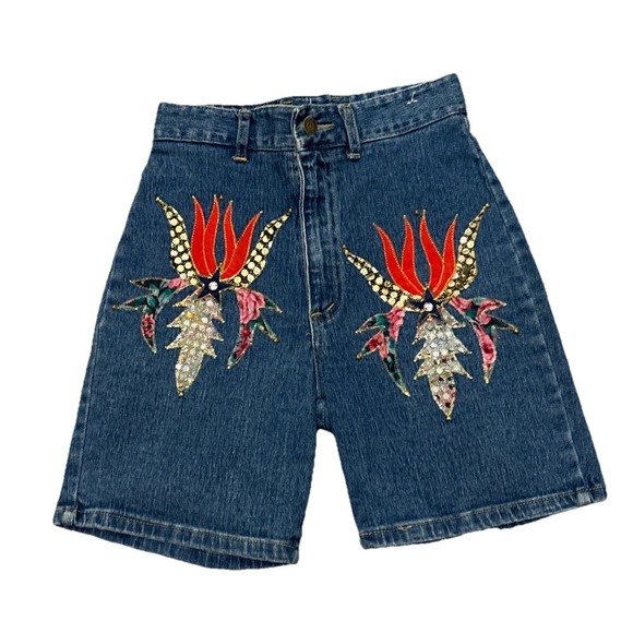 Watch La Pants - Rare Vintage Watch LA Blue Denim High Waisted MOM Jean Shorts 7/8 Boho Festival